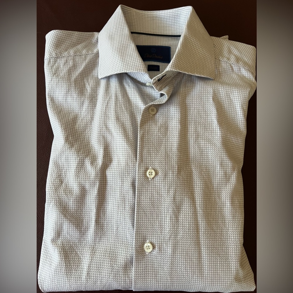 David Donahue Trim Sage and White Pattern Long Sleeve Dress Shirt size 16.5 3435